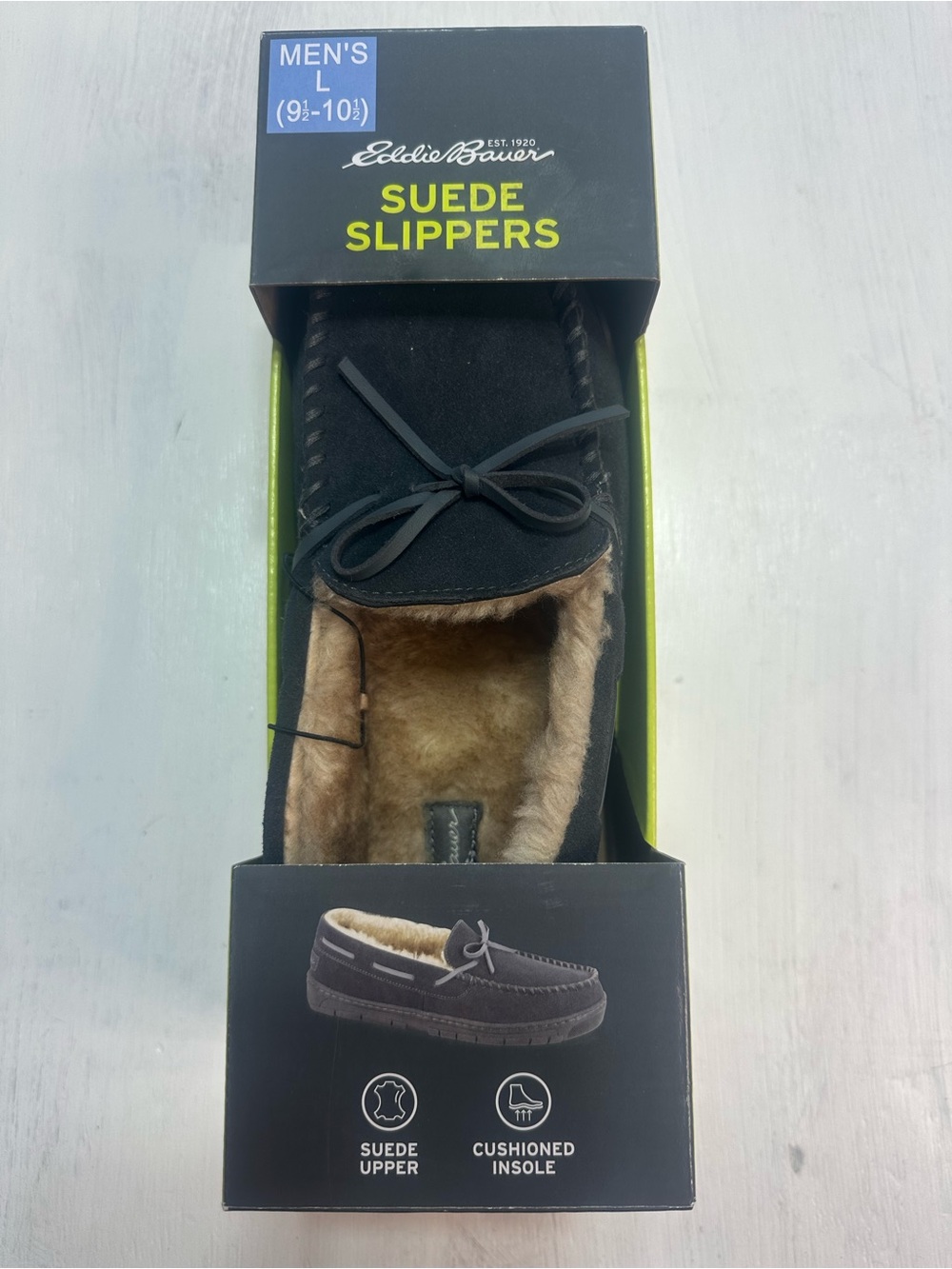 Eddie Bauer Woodland Suede Slippers Men’s Large 9.5-10.5 Gray Faux Fur NIB - Picture 2 of 8